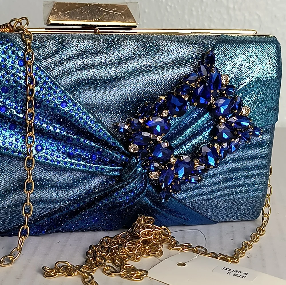 Exquisite Shimmer Multi Blue Satin Evening Clutch Bag Clasp Closure Metallic
